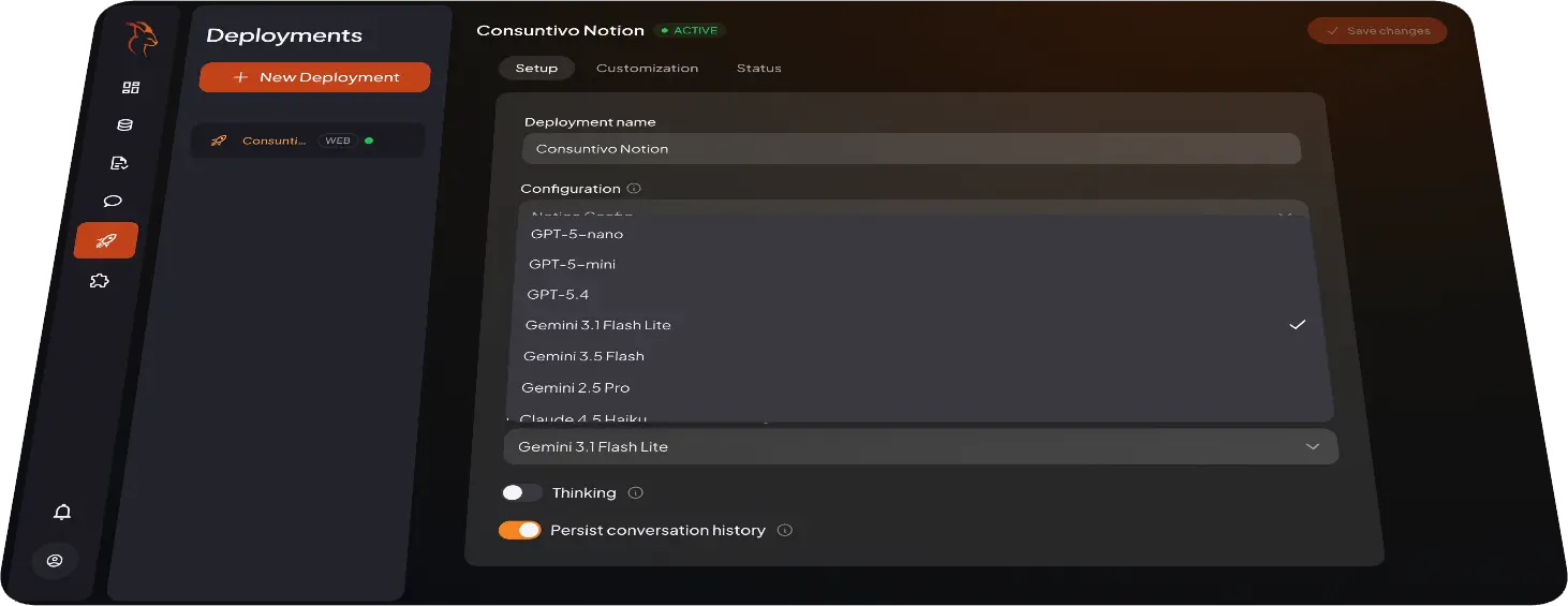 Karacal — pagina Deployments: agente attivo sul canale web con configurazione e modello dedicati